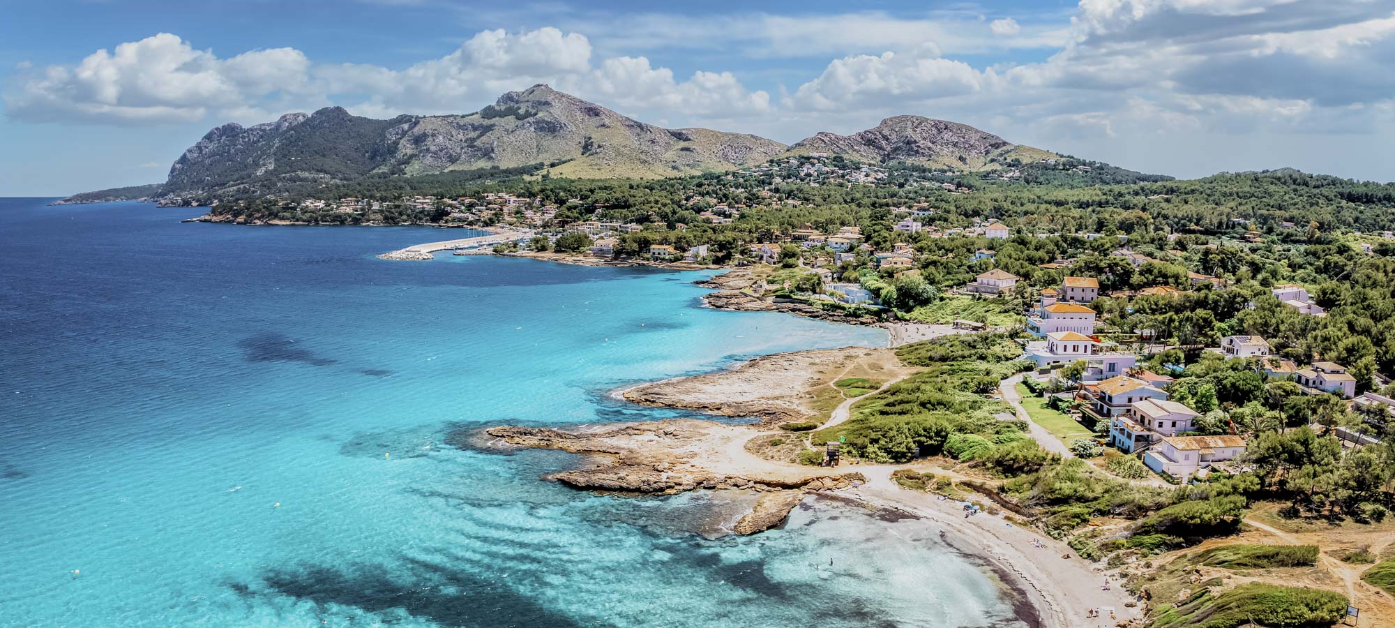 Aerial view of Mallorca coastline with turquoise sea and beaches